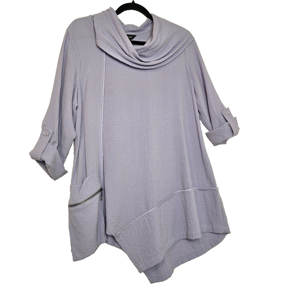 Ali Miles Lavender Tunic Top Lagenlook Cowl Neck Size: Medium Casual Zip Pocket